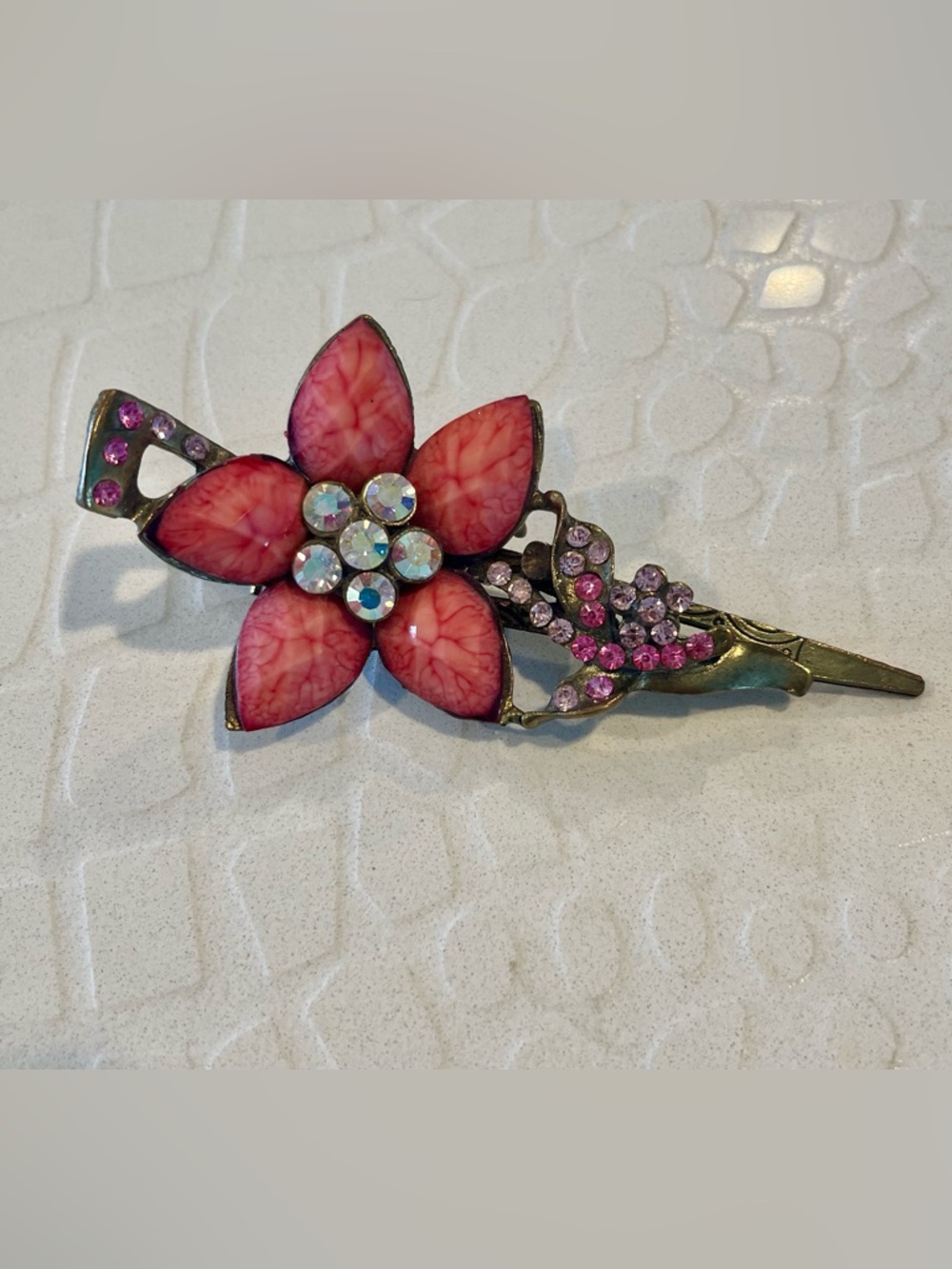Pink Floral Crystal Hair Clip - Vintage Style